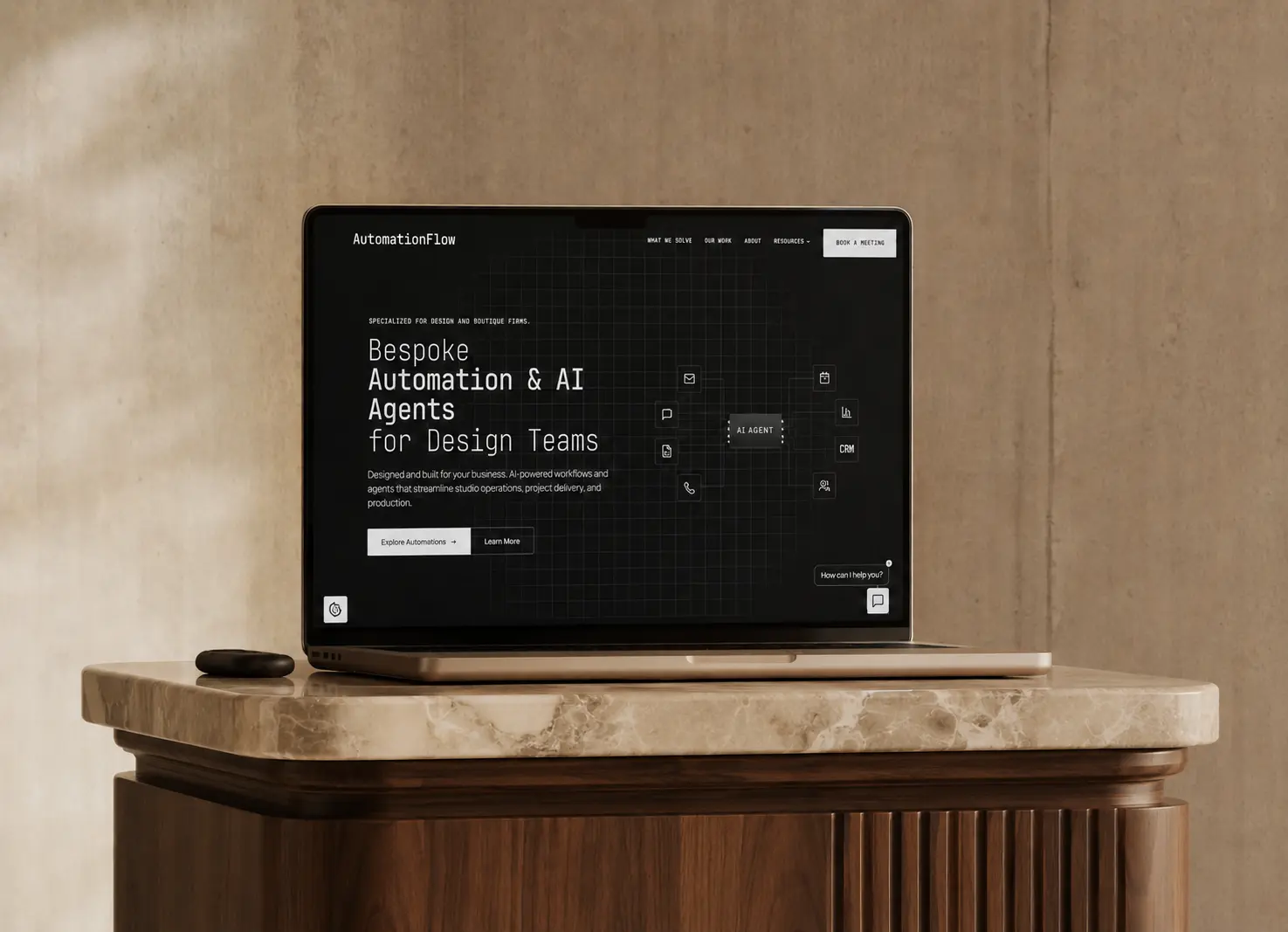 AutomationFlow AI automation website shown with a dark technical interface