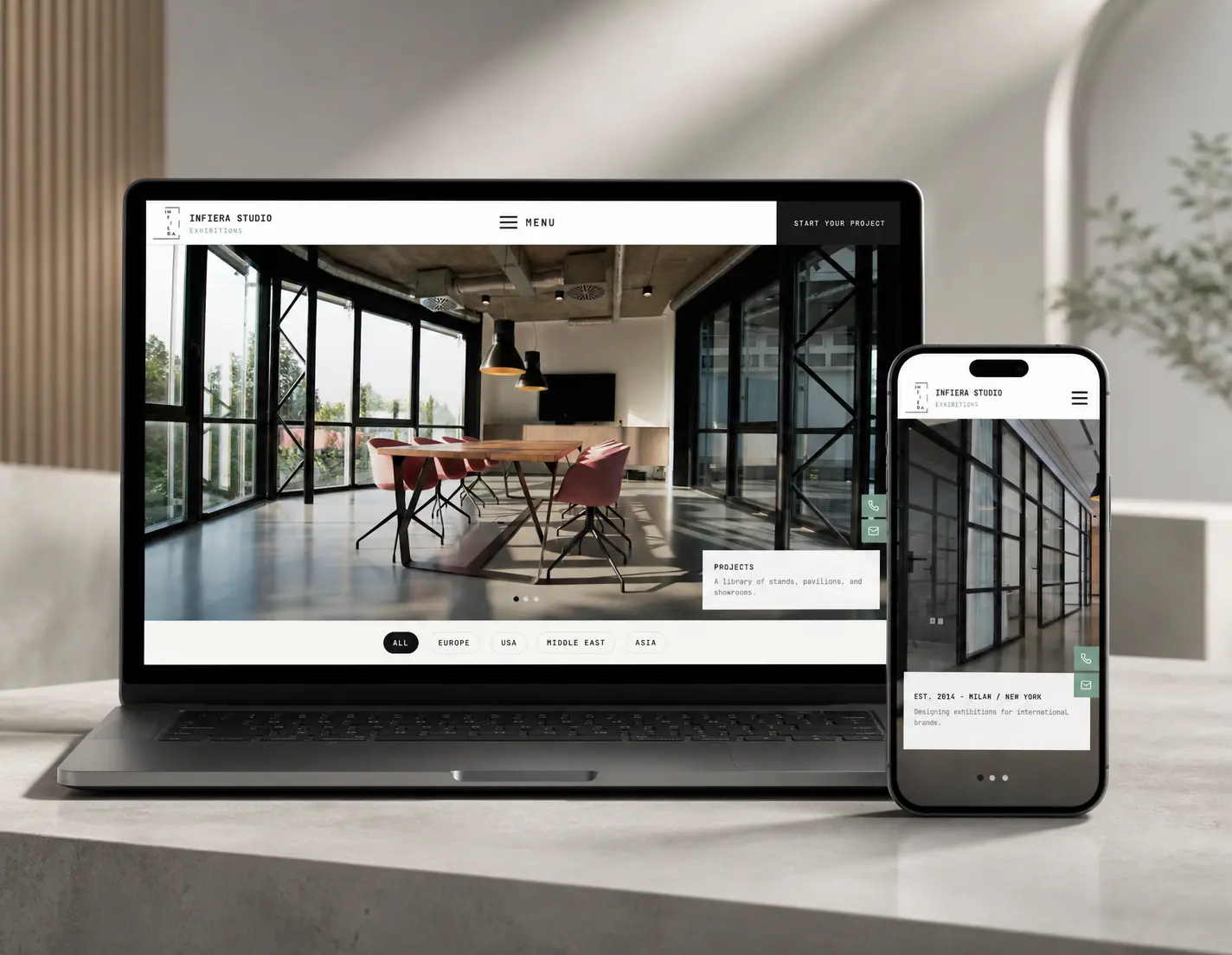 Infiera Studio exhibition design website shown on responsive screens