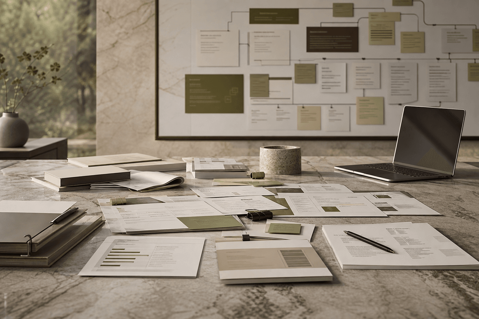 Overcomplicated agency workflow documents on a refined studio table