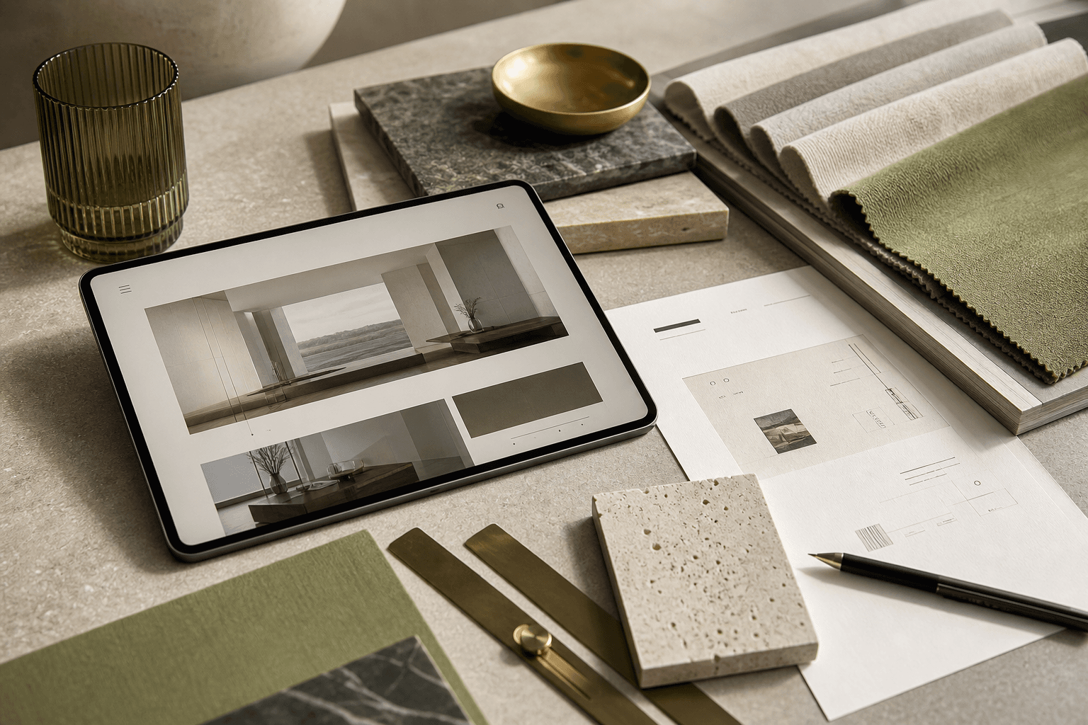 Premium material samples beside a tablet showing a refined website layout