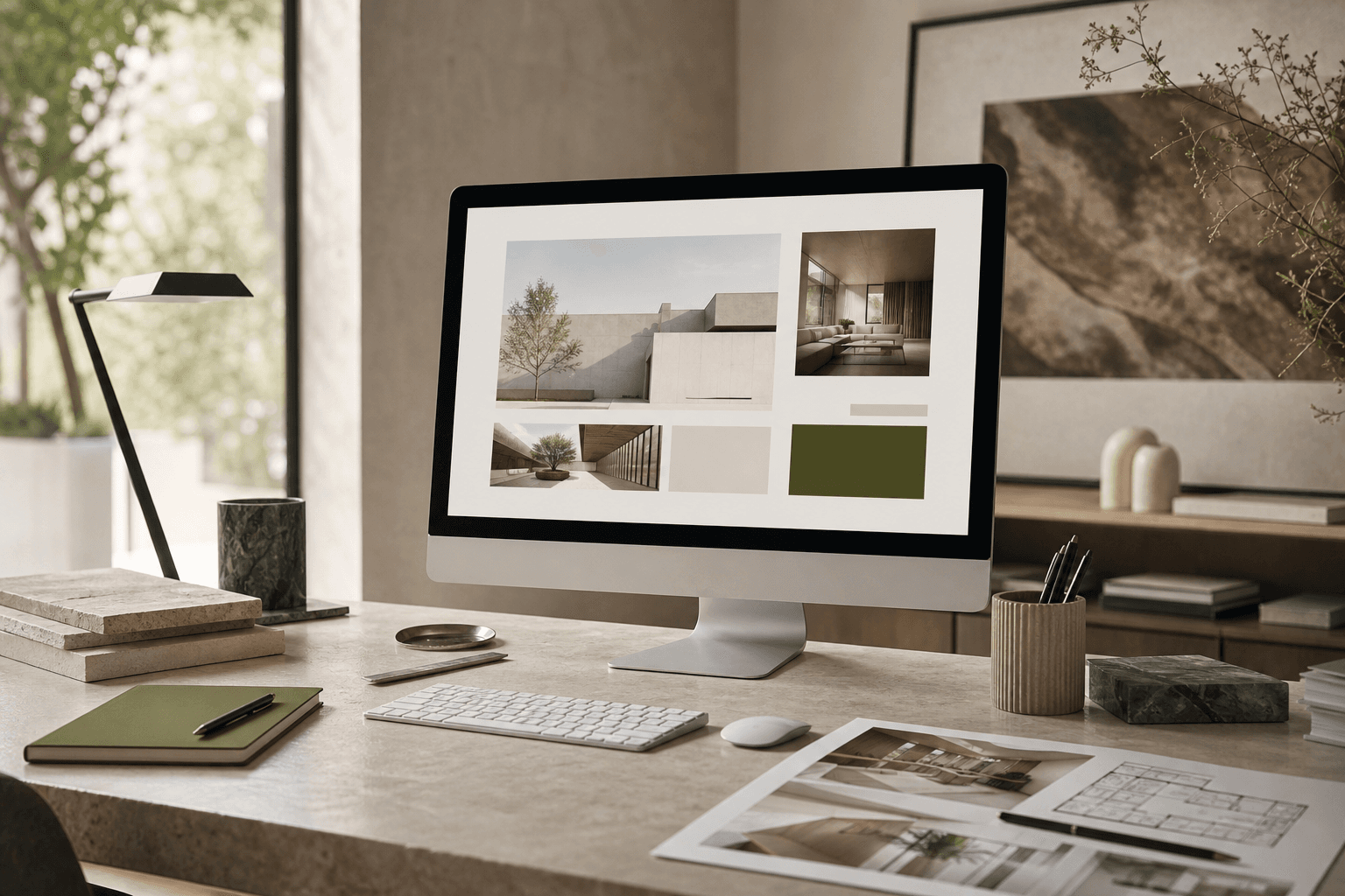 Architecture studio desk with a website portfolio on a desktop monitor